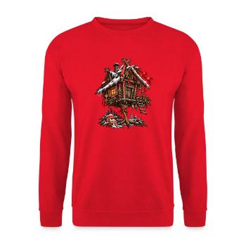 Weihnachts-Baba-Jaga-Hütte slawisches Folklore-Design - Unisex Pullover - Rot - Vorne - Alina (178cm) & Michal (187cm)