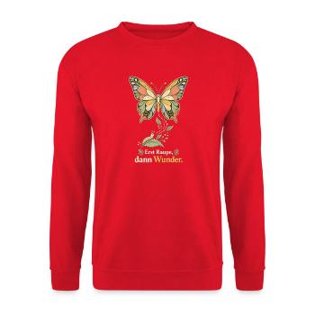 Schmetterling Metamorphose Erst Raupe dann Wunder - Unisex Pullover - Rot - Vorne - Alina (178cm) & Michal (187cm)
