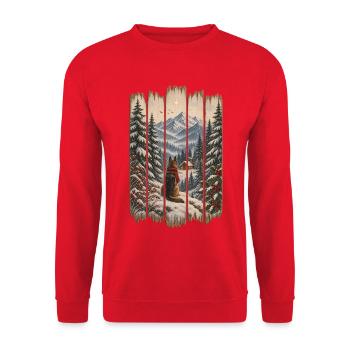 Winter-Waldhund-Weihnachtsdesign – rustikaler Schnee - Unisex Pullover - Rot - Vorne - Alina (178cm) & Michal (187cm)