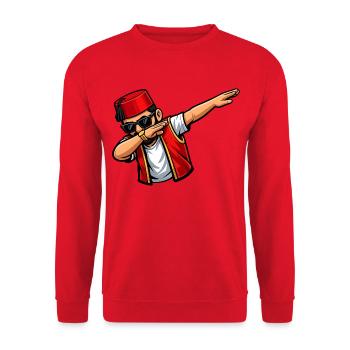 Dabbing Türke – Lustiger Truthahn mit Sonnenbrille - Unisex Pullover - Rot - Vorne - Alina (178cm) & Michal (187cm)
