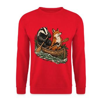 Dachs und Fuchs beim Kanufahren – Outdoor Abenteue - Unisex Pullover - Rot - Vorne - Alina (178cm) & Michal (187cm)