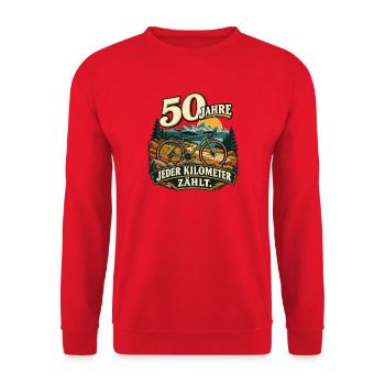 50 Jahre – Jeder Kilometer zählt - Unisex Pullover - Rot - Vorne - Alina (178cm) & Michal (187cm)