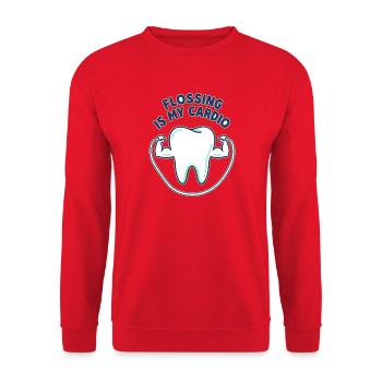 Zahnseide ist mein Cardio-Abzeichen – Zahnhumor-Abzeichen - Unisex Pullover - Rot - Vorne - Alina (178cm) & Michal (187cm)