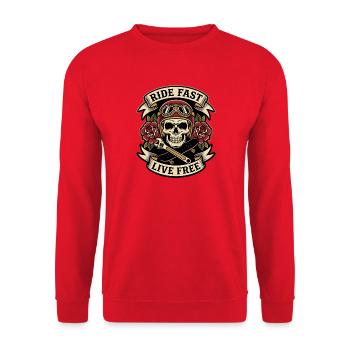 Ride Fast Live Free – Biker Badge - Unisex Pullover - Rot - Vorne - Alina (178cm) & Michal (187cm)