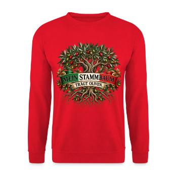 Mein Stammbaum trägt Oliven - Unisex Pullover - Rot - Vorne - Alina (178cm) & Michal (187cm)