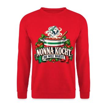 Nonna kocht. Die Welt wartet. - Unisex Pullover - Rot - Vorne - Alina (178cm) & Michal (187cm)
