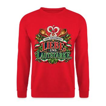 Unser Familienrezept: Liebe und Lautstärke - Unisex Pullover - Rot - Vorne - Alina (178cm) & Michal (187cm)