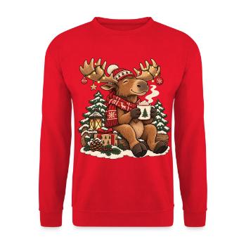 Weihnachtselch mit Schal und heißem Kakao - Unisex Pullover - Rot - Vorne - Alina (178cm) & Michal (187cm)