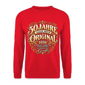 50 Jahre gereift – Jahrgang 1976 Vintage Design - Unisex Pullover - Rot - Vorne - Alina (178cm) & Michal (187cm)