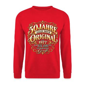 50 Jahre gereift – Jahrgang 1977 Vintage Design - Unisex Pullover - Rot - Vorne - Alina (178cm) & Michal (187cm)