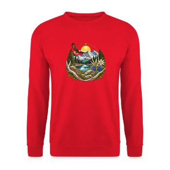Naturkreis Berge See Wald - Unisex Pullover - Rot - Vorne - Alina (178cm) & Michal (187cm)