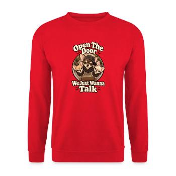 Mach die Tür auf, wir wollen nur reden – Chihuahua-Papa - Unisex Pullover - Rot - Vorne - Alina (178cm) & Michal (187cm)