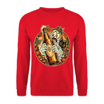 Halloween Geist Mit Flasche Und Katze - Unisex Pullover - Rot - Vorne - Alina (178cm) & Michal (187cm)