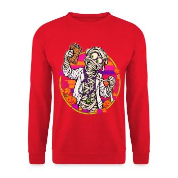 Halloween-Arztmumie vor Retro-Sonne - Unisex Pullover - Rot - Vorne - Alina (178cm) & Michal (187cm)