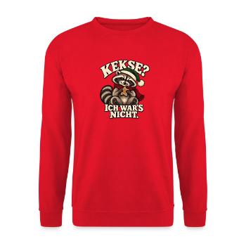 Kekse? Ich war’s nicht. – Weihnachts-Waschbär - Unisex Pullover - Rot - Vorne - Alina (178cm) & Michal (187cm)