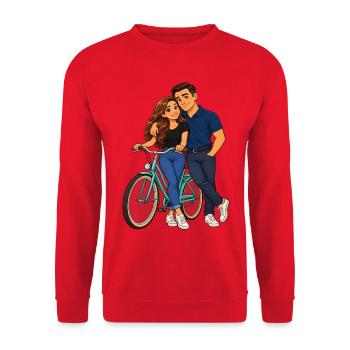 Paar auf dem Fahrrad: Liebesmoment - Unisex Pullover - Rot - Vorne - Alina (178cm) & Michal (187cm)