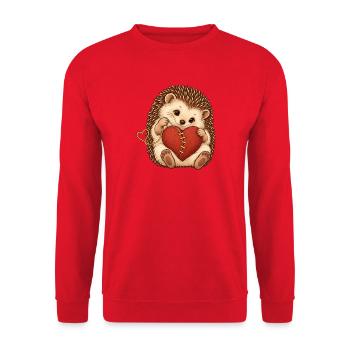 Süßer Igel repariert ein Herz mit goldenem Faden - Unisex Pullover - Rot - Vorne - Alina (178cm) & Michal (187cm)