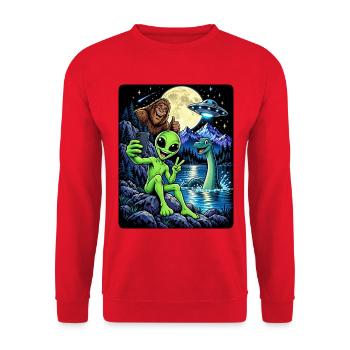 Bigfoot Alien UFO Loch Ness Weltraum Szene Kryptid - Unisex Pullover - Rot - Vorne - Alina (178cm) & Michal (187cm)
