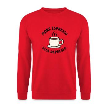 Mehr Espresso weniger Depresso – Kaffee Humor - Unisex Pullover - Rot - Vorne - Alina (178cm) & Michal (187cm)