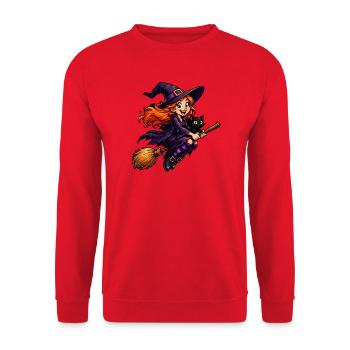 Hexenreiterin auf Besen mit Katze - Unisex Pullover - Rot - Vorne - Alina (178cm) & Michal (187cm)