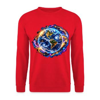 Planet Erde – Kosmische Neon Weltraum Kunst - Unisex Pullover - Rot - Vorne - Alina (178cm) & Michal (187cm)