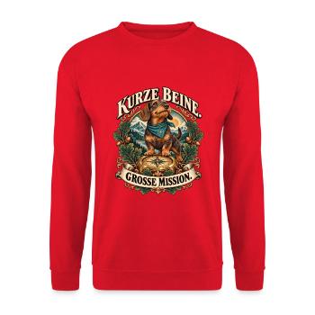 Dackel: Kurze Beine. Große Mission. - Unisex Pullover - Rot - Vorne - Alina (178cm) & Michal (187cm)