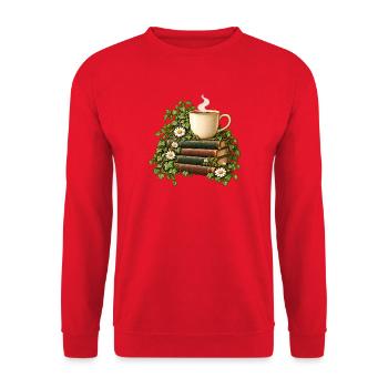 Bücherduft und Kaffeetasse - Unisex Pullover - Rot - Vorne - Alina (178cm) & Michal (187cm)