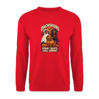 Spooky Nights Loyale Gesellschaft – Dackel Halloween - Unisex Pullover - Rot - Vorne - Alina (178cm) & Michal (187cm)