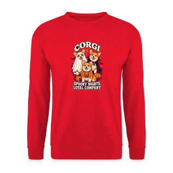 Spooky Nights Loyale Gesellschaft – Corgi Halloween Hund - Unisex Pullover - Rot - Vorne - Alina (178cm) & Michal (187cm)