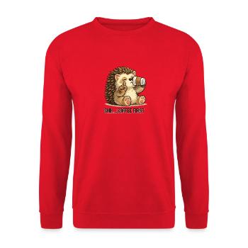 Igel mit Kaffee und Spruch für Morgenmuffel - Unisex Pullover - Rot - Vorne - Alina (178cm) & Michal (187cm)