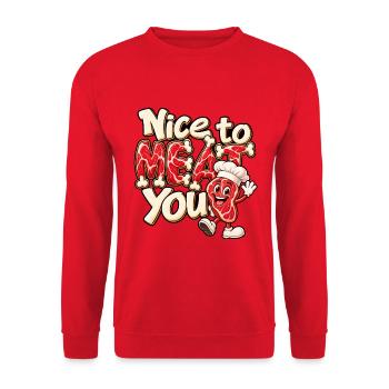 Nice to Meat You – Lustiges Steak mit Kochmütze - Unisex Pullover - Rot - Vorne - Alina (178cm) & Michal (187cm)