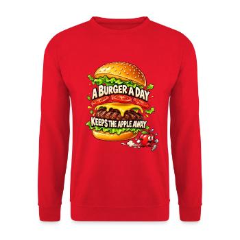 A Burger a Day Keeps the Apple Away – Burgerhumor - Unisex Pullover - Rot - Vorne - Alina (178cm) & Michal (187cm)