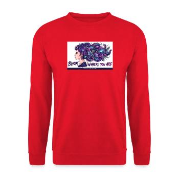 Kosmische Blüten im Haar - Unisex Pullover - Rot - Vorne - Alina (178cm) & Michal (187cm)