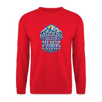 I lift up my eyes- Psalm 121:1-2 - Unisex Pullover - Rot - Vorne - Alina (178cm) & Michal (187cm)