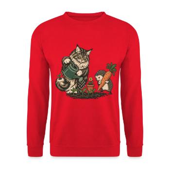 Maine Coon und Igel beim Gärtnern - Unisex Pullover - Rot - Vorne - Alina (178cm) & Michal (187cm)