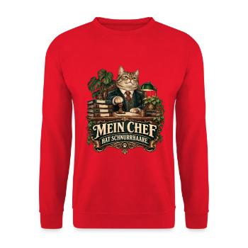 Mein Chef hat Schnurrhaare - Unisex Pullover - Rot - Vorne - Alina (178cm) & Michal (187cm)