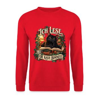 Ich lese. Die Katze bewertet. - Unisex Pullover - Rot - Vorne - Alina (178cm) & Michal (187cm)
