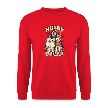 Spooky Nights Loyale Gesellschaft – Husky Halloween-Hund - Unisex Pullover - Rot - Vorne - Alina (178cm) & Michal (187cm)