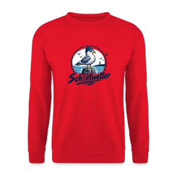 Fischkopp Schietwetter. Wat mutt, dat mutt. - Unisex Pullover - Rot - Vorne - Alina (178cm) & Michal (187cm)