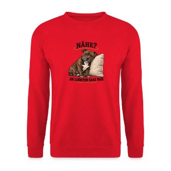 Staffordshire_Bullterrier_ganz_nah-2 - Unisex Pullover - Rot - Vorne - Alina (178cm) & Michal (187cm)