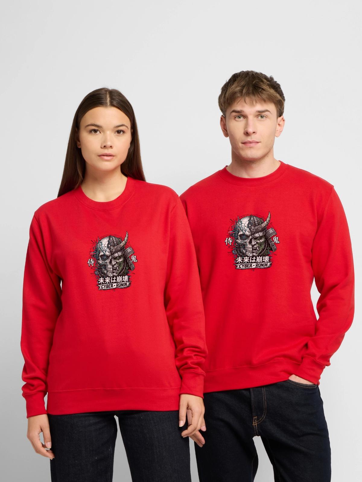 Cyber Ronin Mech-Samurai-Schädel - Unisex Pullover - Rot - Vorne - Alina (178cm) & Michal (187cm)