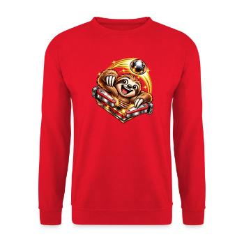 Fröhliches Faultier am Flipper  - Unisex Pullover - Rot - Vorne - Alina (178cm) & Michal (187cm)