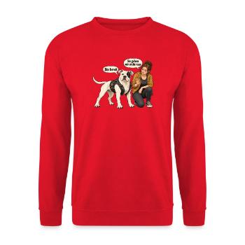 Biker-Bulldog_mit_skeptischer_Halterin - Unisex Pullover - Rot - Vorne - Alina (178cm) & Michal (187cm)