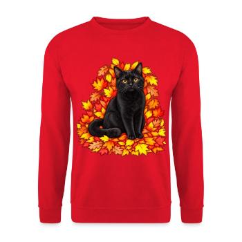 Schwarze Katze im Herbstlaub - Unisex Pullover - Rot - Vorne - Alina (178cm) & Michal (187cm)