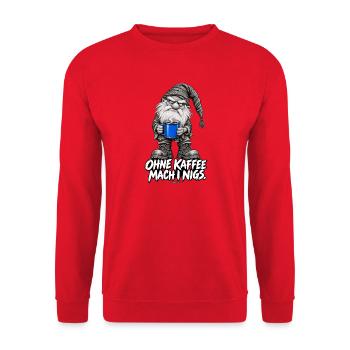 Grummelgnom mit blauer Kaffeetasse Weihnachtswicht - Unisex Pullover - Rot - Vorne - Alina (178cm) & Michal (187cm)