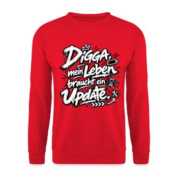 Digga Update: Mein Leben Upgrade - Unisex Pullover - Rot - Vorne - Alina (178cm) & Michal (187cm)