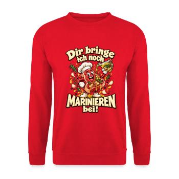 Dir bringe ich noch Marinieren bei! – Grillhumor - Unisex Pullover - Rot - Vorne - Alina (178cm) & Michal (187cm)