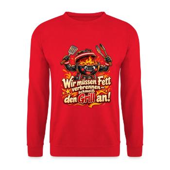 Wir müssen Fett verbrennen – Schmeiß den Grill an! - Unisex Pullover - Rot - Vorne - Alina (178cm) & Michal (187cm)