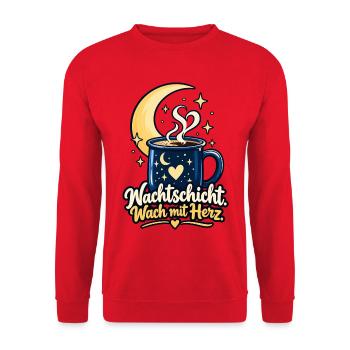 Nachtschicht Shirt mit Mond - Spruch Nachtschicht - Unisex Pullover - Rot - Vorne - Alina (178cm) & Michal (187cm)