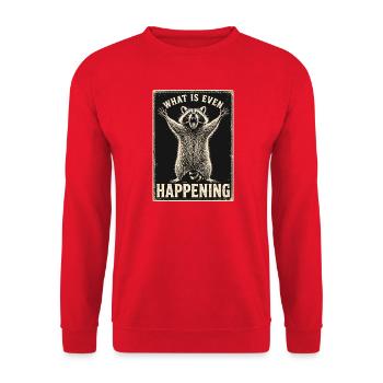 Lustiger Waschbär Was passiert hier überhaupt Meme Tee - Unisex Pullover - Rot - Vorne - Alina (178cm) & Michal (187cm)
